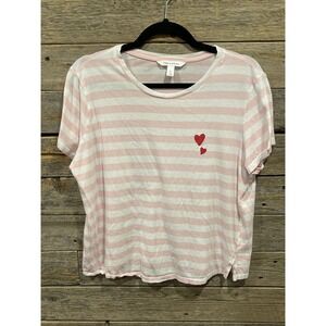 Popsugar Women's Pink White Striped Tshirt Heart Graphic Short Sleeve Size Large